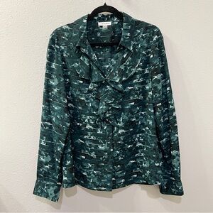 CALVIN KLEIN Women’s Dark Green Ruffle Button Down Blouse